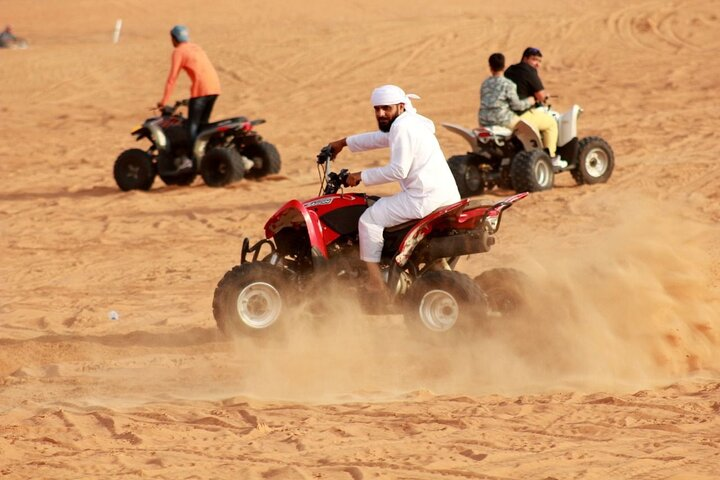Experience the thrill of sand beneath your wheels as you navigate the majestic dunes of Lahbab. Unleash your adventurous spirit with quad biking creating unforgettable memories in the desert.